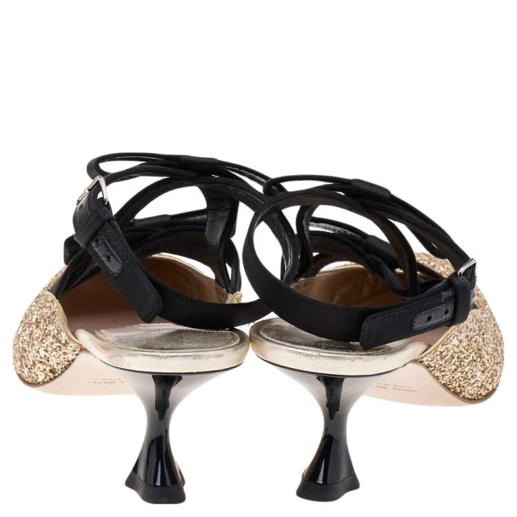Pre Owned Miu Miu Gold/Black Glitter and Satin Bow Slingback Pumps Size 40