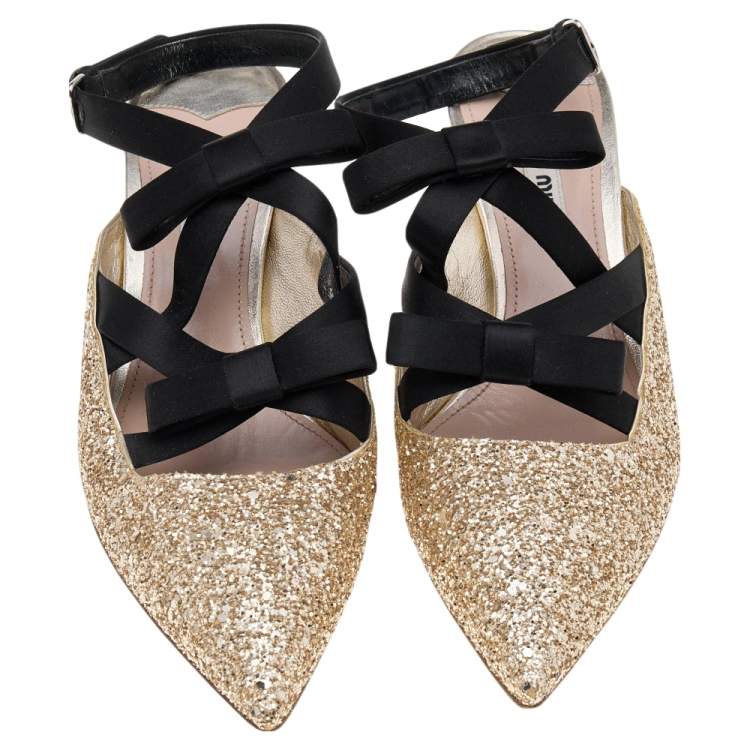 Pre Owned Miu Miu Gold/Black Glitter and Satin Bow Slingback Pumps Size 40