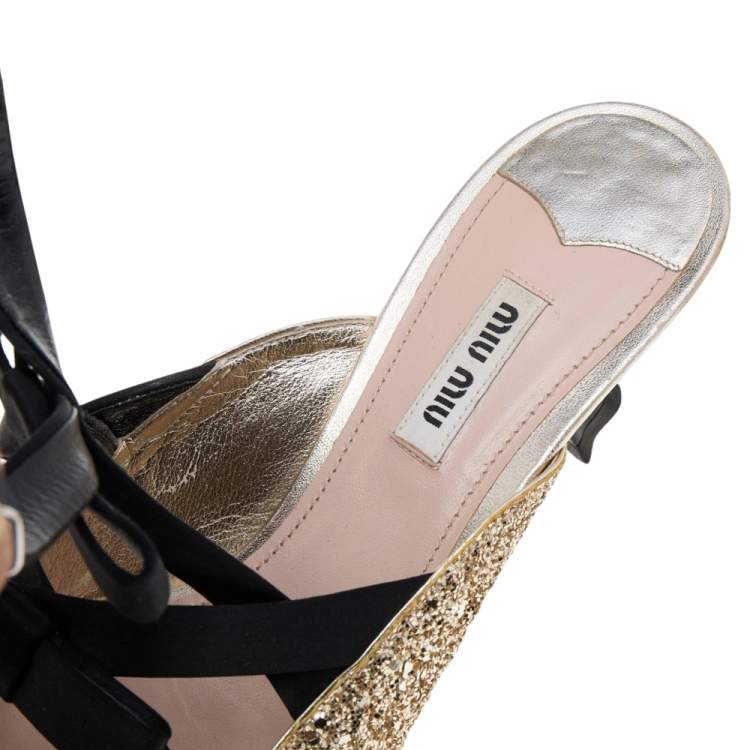 Pre Owned Miu Miu Gold/Black Glitter and Satin Bow Slingback Pumps Size 40