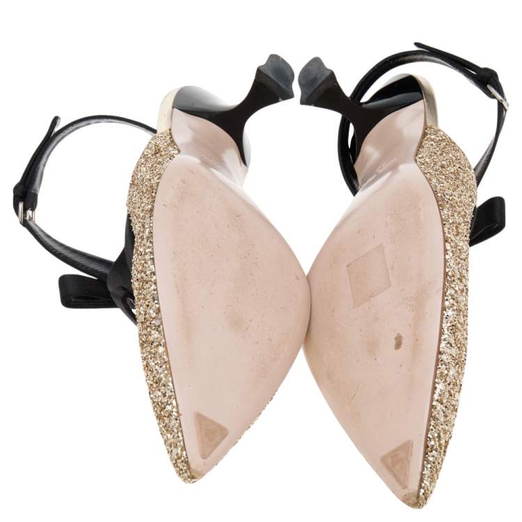Pre Owned Miu Miu Gold/Black Glitter and Satin Bow Slingback Pumps Size 40