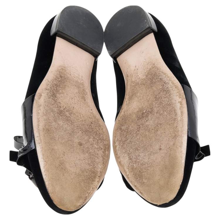 Pre Owned Miu Miu Black Velvet and Patent Leather Ballet Flats Size 35.5