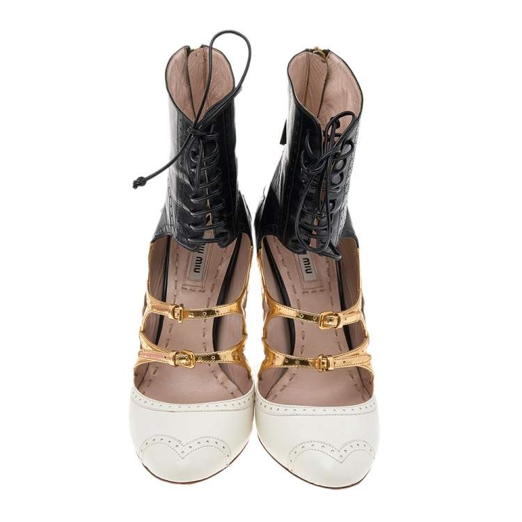 Pre Owned Miu Miu Multicolor Patent And Leather Cut Out Ankle Wrap Booties Size 38
