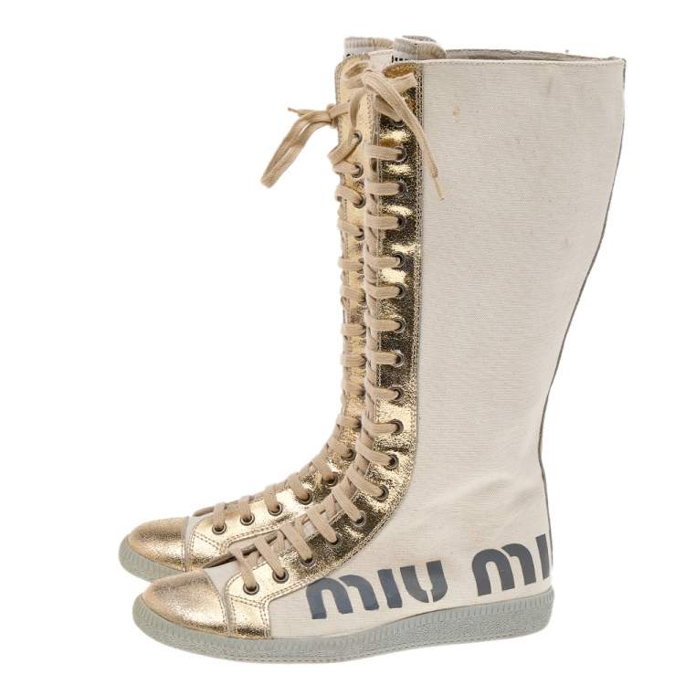 Pre Owned Miu Miu Beige/Metallic Gold Canvas And Crackle Leather Lace Up Calf Length Boots Size 37