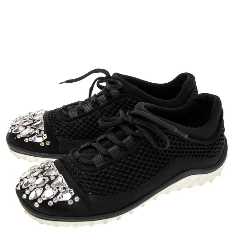 Pre Owned Miu Miu Black Mesh and Satin Crystal Embellished Low-Top Sneakers Size 36.5