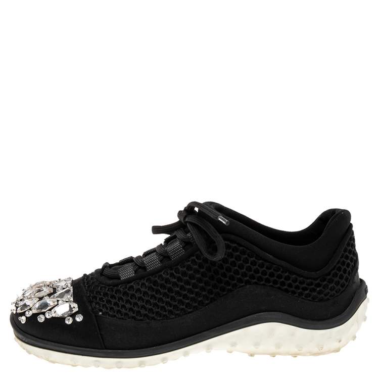 Pre Owned Miu Miu Black Mesh and Satin Crystal Embellished Low-Top Sneakers Size 36.5