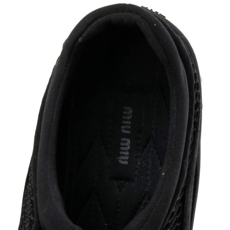 Pre Owned Miu Miu Black Mesh and Satin Crystal Embellished Low-Top Sneakers Size 36.5