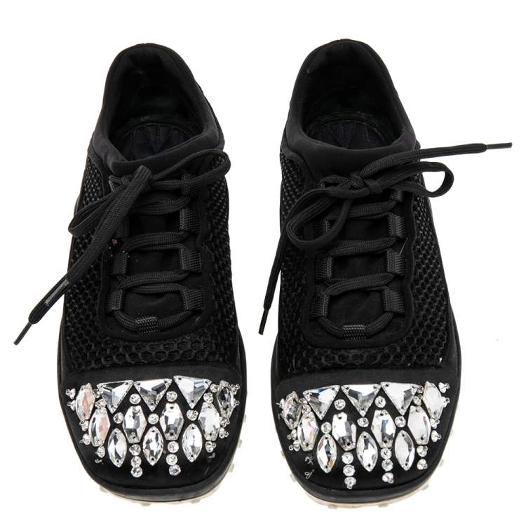 Pre Owned Miu Miu Black Mesh and Satin Crystal Embellished Low-Top Sneakers Size 36.5