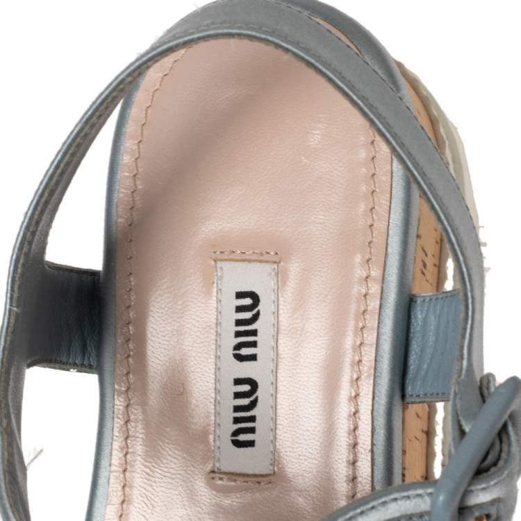 Pre Owned  Miu Miu Blue Satin And Feather Crystal Embellished Platform Sandals Size 38