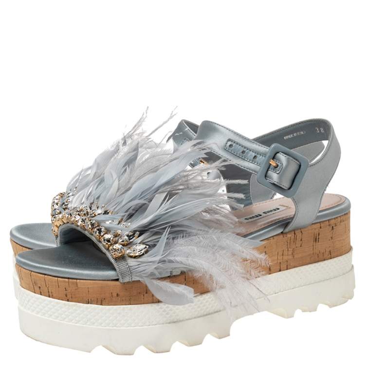 Pre Owned  Miu Miu Blue Satin And Feather Crystal Embellished Platform Sandals Size 38