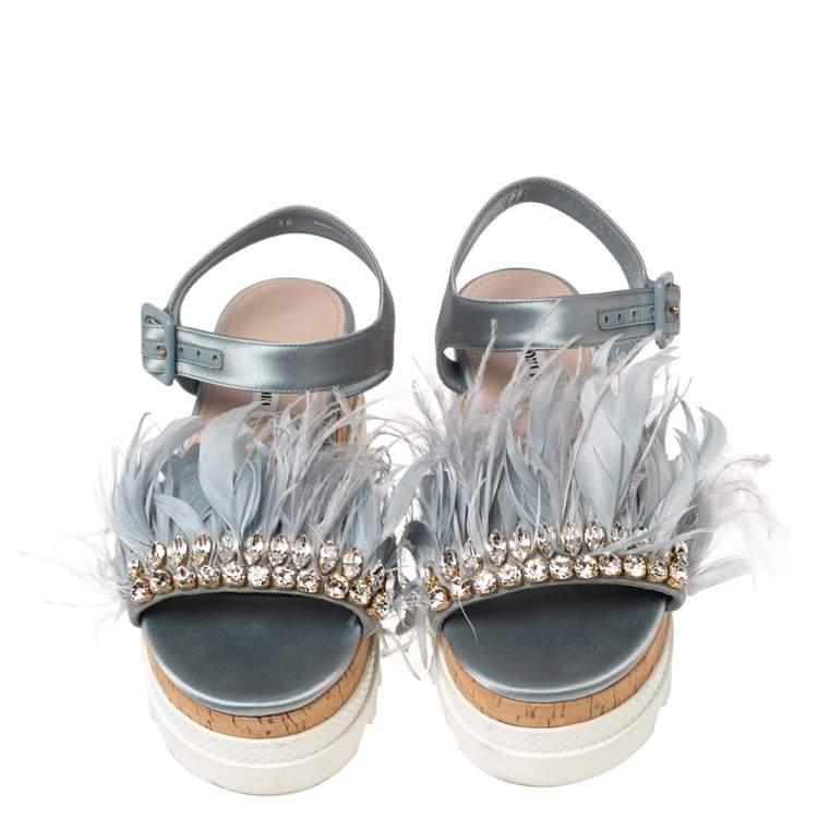 Pre Owned  Miu Miu Blue Satin And Feather Crystal Embellished Platform Sandals Size 38