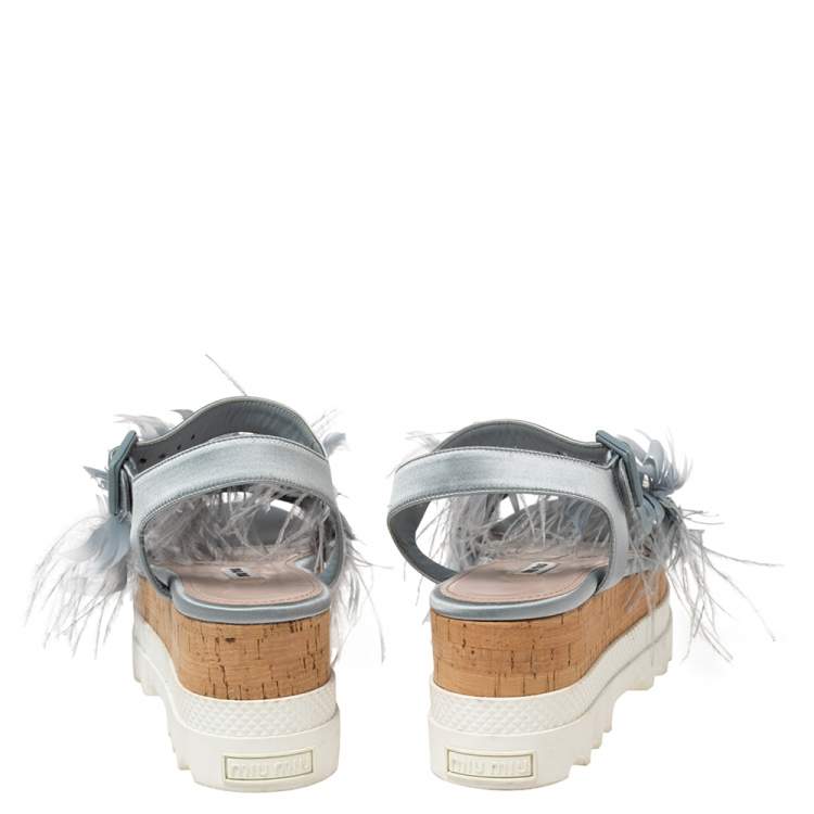 Pre Owned  Miu Miu Blue Satin And Feather Crystal Embellished Platform Sandals Size 38