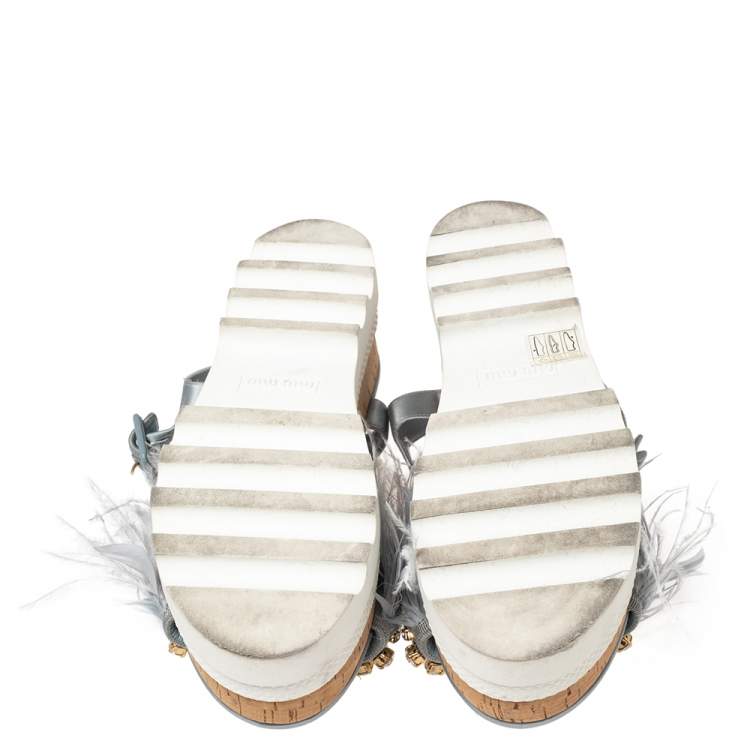Pre Owned  Miu Miu Blue Satin And Feather Crystal Embellished Platform Sandals Size 38