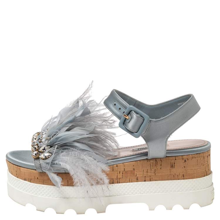Pre Owned  Miu Miu Blue Satin And Feather Crystal Embellished Platform Sandals Size 38