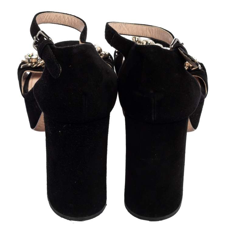 Pre Owned Miu Miu Black Suede Crystal Embellished Chain Link Platform Ankle-Strap Sandals Size 38