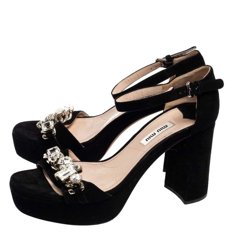 Pre Owned Miu Miu Black Suede Crystal Embellished Chain Link Platform Ankle-Strap Sandals Size 38