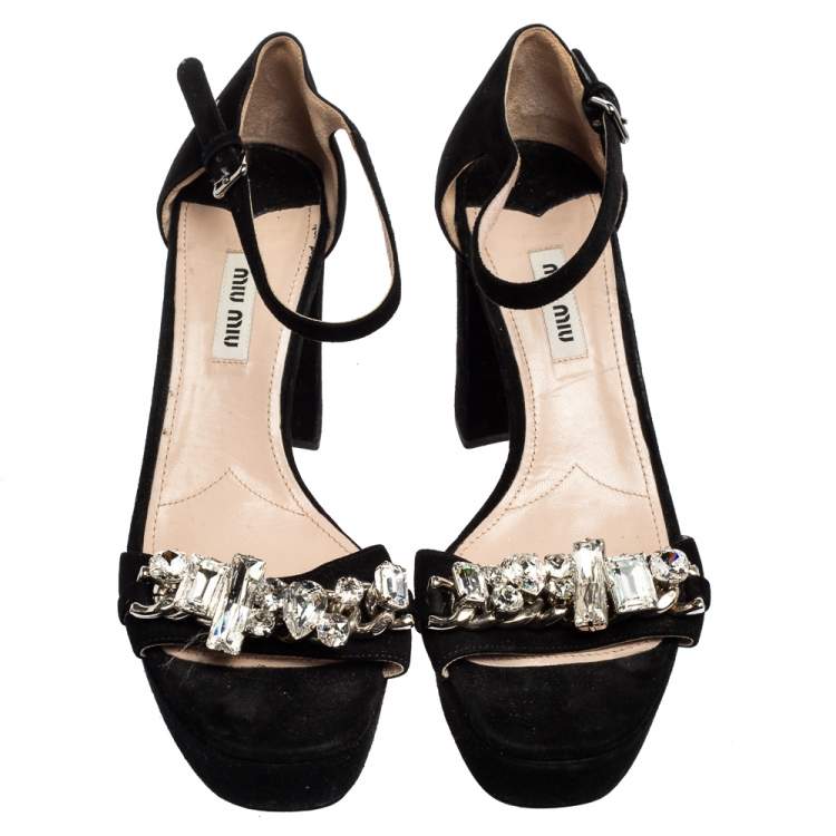 Pre Owned Miu Miu Black Suede Crystal Embellished Chain Link Platform Ankle-Strap Sandals Size 38