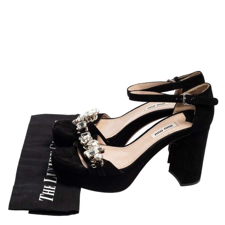 Pre Owned Miu Miu Black Suede Crystal Embellished Chain Link Platform Ankle-Strap Sandals Size 38