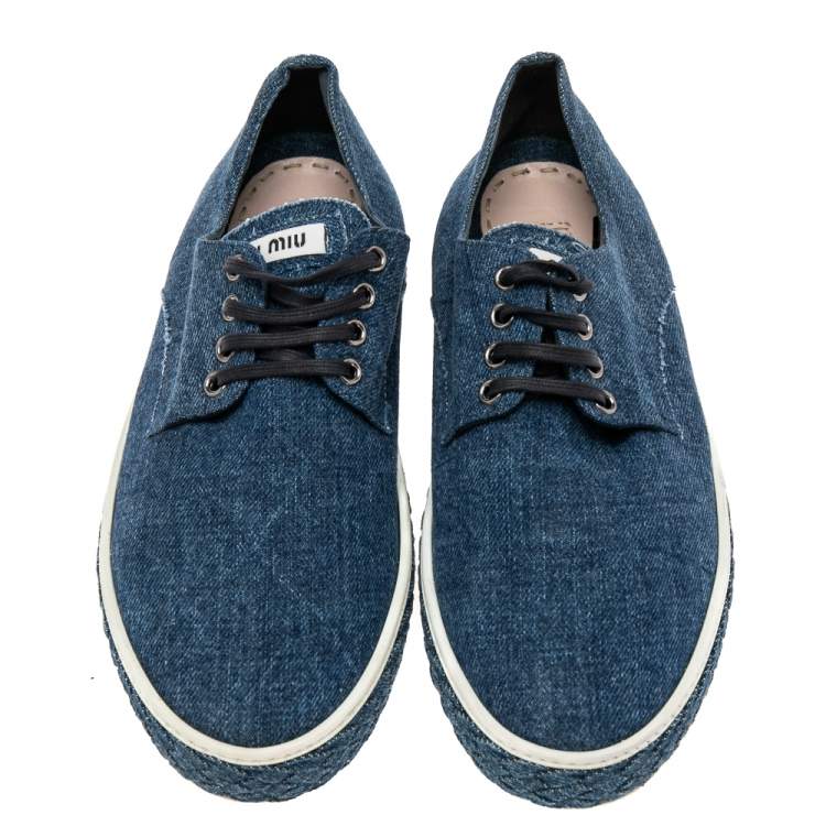 Pre Owned Miu Miu Blue Denim Lace Up Low Top Sneakers Size 37.5