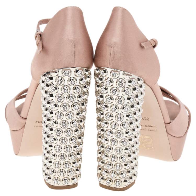 Pre Owned Miu Miu Beige Satin Crystal Embellished Block Heel Ankle Strap Platform Sandals Size 38.5