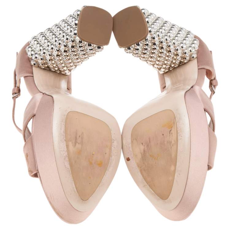 Pre Owned Miu Miu Beige Satin Crystal Embellished Block Heel Ankle Strap Platform Sandals Size 38.5
