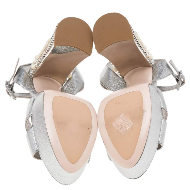 Pre Owned Miu Miu Metallic Silver Leather Crystal Pearl Embellished Block Heel Ankle Strap Platform Sandals Size 39