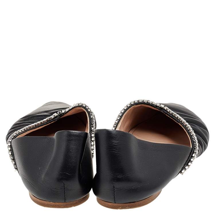Pre Owned Miu Miu Black Leather Crystal Embellished Pointed Toe Ballet Flats Size 36