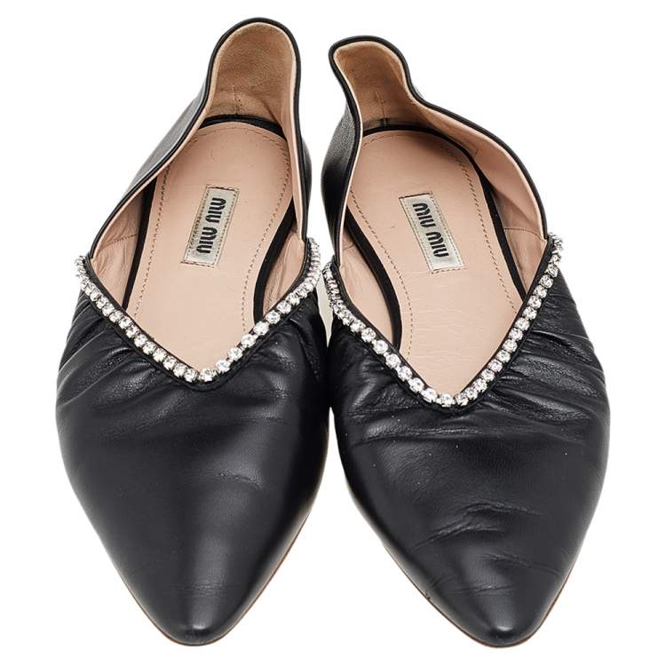 Pre Owned Miu Miu Black Leather Crystal Embellished Pointed Toe Ballet Flats Size 36