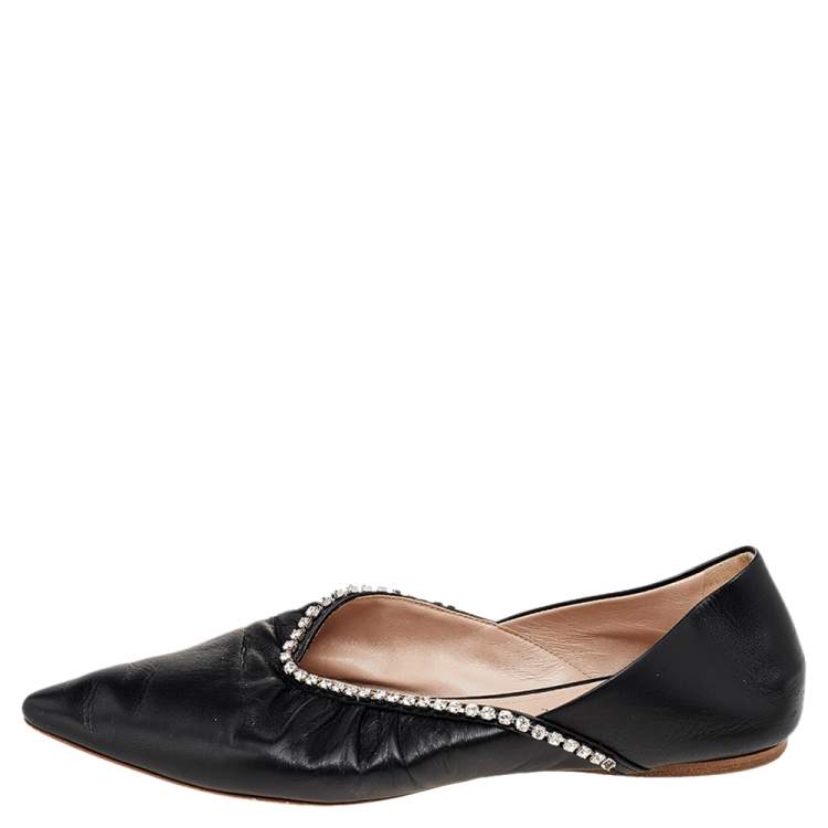 Pre Owned Miu Miu Black Leather Crystal Embellished Pointed Toe Ballet Flats Size 36