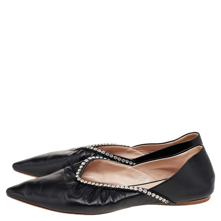 Pre Owned Miu Miu Black Leather Crystal Embellished Pointed Toe Ballet Flats Size 36