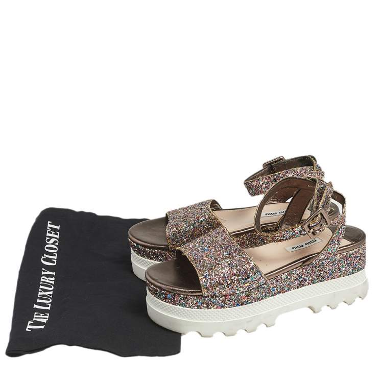 Pre Owned Miu Miu Multicolor Glitter Ankle-Strap Flat Platform Sandals Size 38 