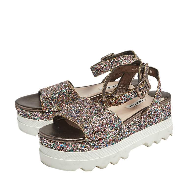 Pre Owned Miu Miu Multicolor Glitter Ankle-Strap Flat Platform Sandals Size 38 