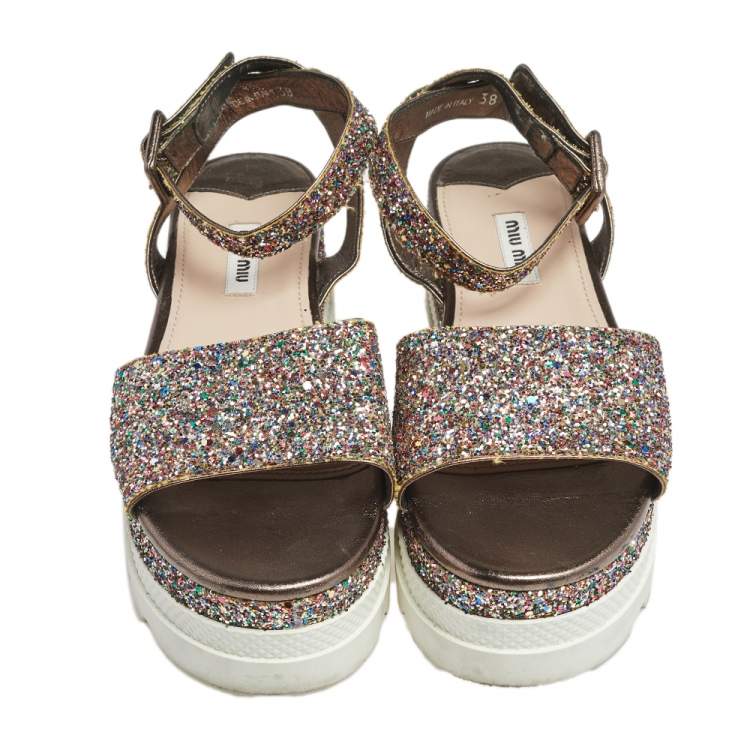 Pre Owned Miu Miu Multicolor Glitter Ankle-Strap Flat Platform Sandals Size 38 