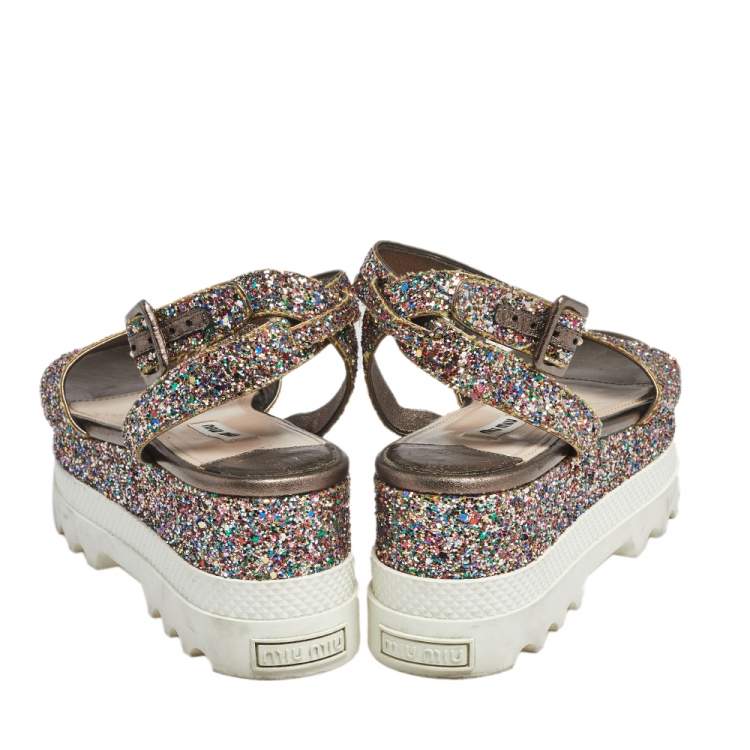 Pre Owned Miu Miu Multicolor Glitter Ankle-Strap Flat Platform Sandals Size 38 