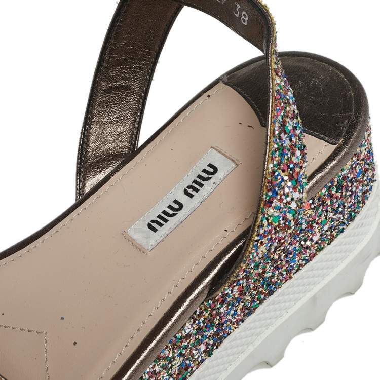 Pre Owned Miu Miu Multicolor Glitter Ankle-Strap Flat Platform Sandals Size 38 