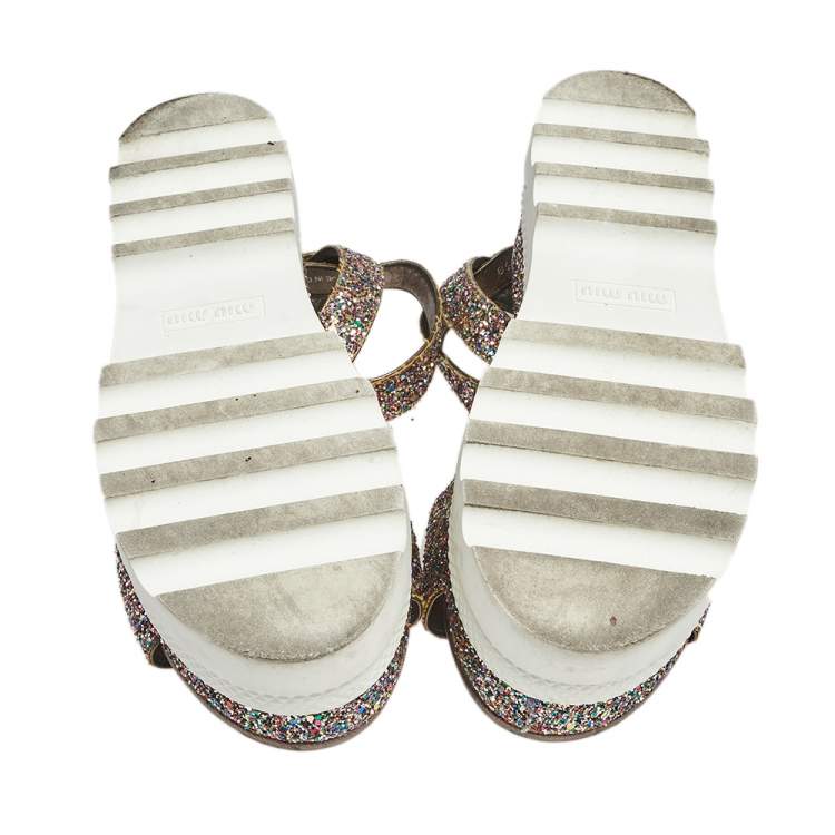Pre Owned Miu Miu Multicolor Glitter Ankle-Strap Flat Platform Sandals Size 38 