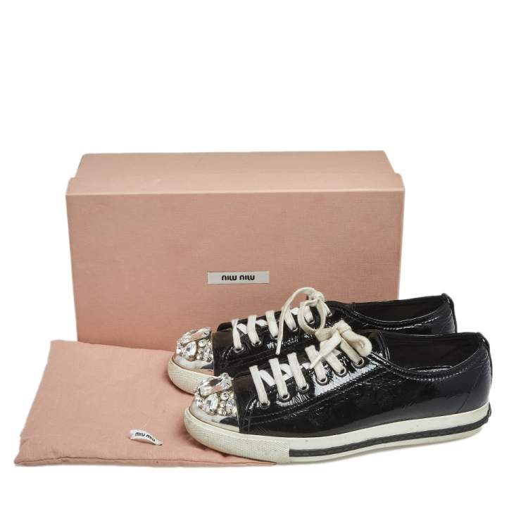 Pre Owned Miu Miu Black Patent Leather Crystal Embellished Low Top Sneakers Size 37.5