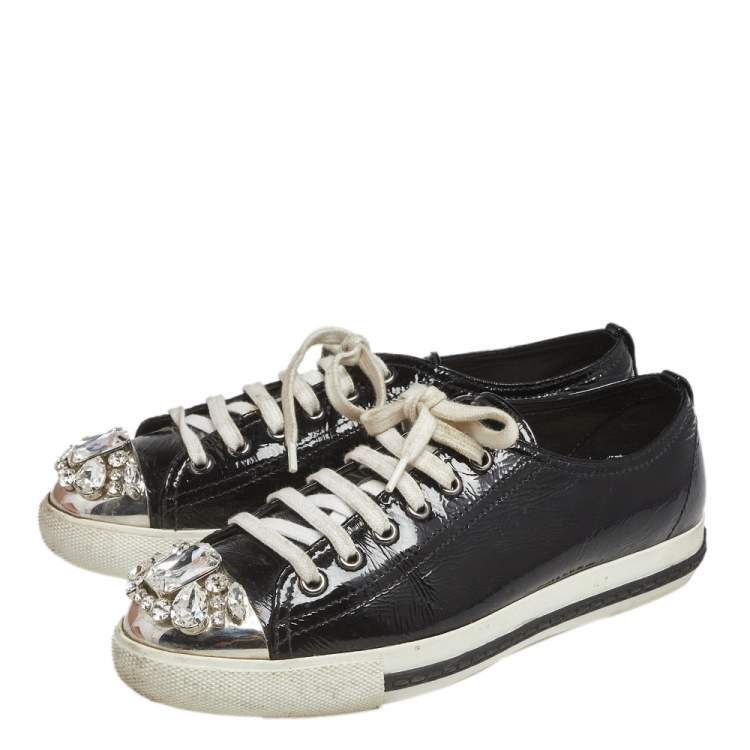 Pre Owned Miu Miu Black Patent Leather Crystal Embellished Low Top Sneakers Size 37.5