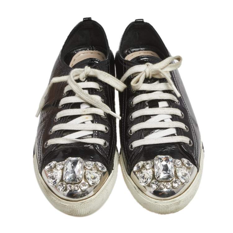 Pre Owned Miu Miu Black Patent Leather Crystal Embellished Low Top Sneakers Size 37.5