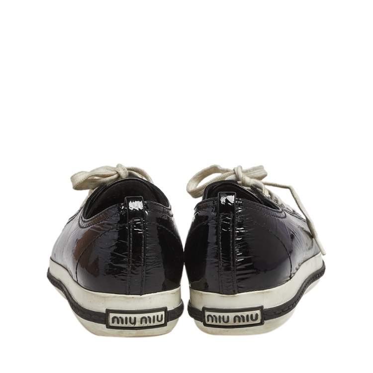 Pre Owned Miu Miu Black Patent Leather Crystal Embellished Low Top Sneakers Size 37.5