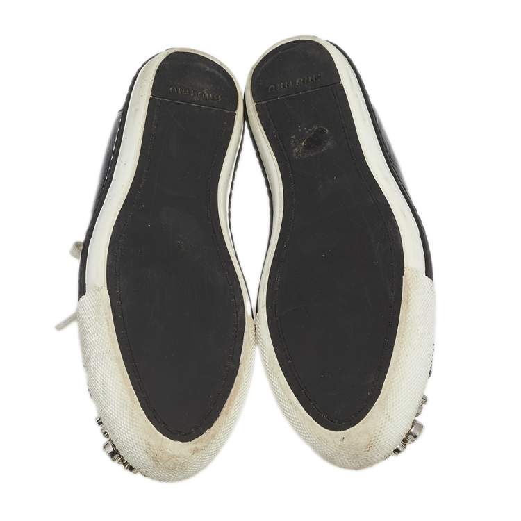 Pre Owned Miu Miu Black Patent Leather Crystal Embellished Low Top Sneakers Size 37.5