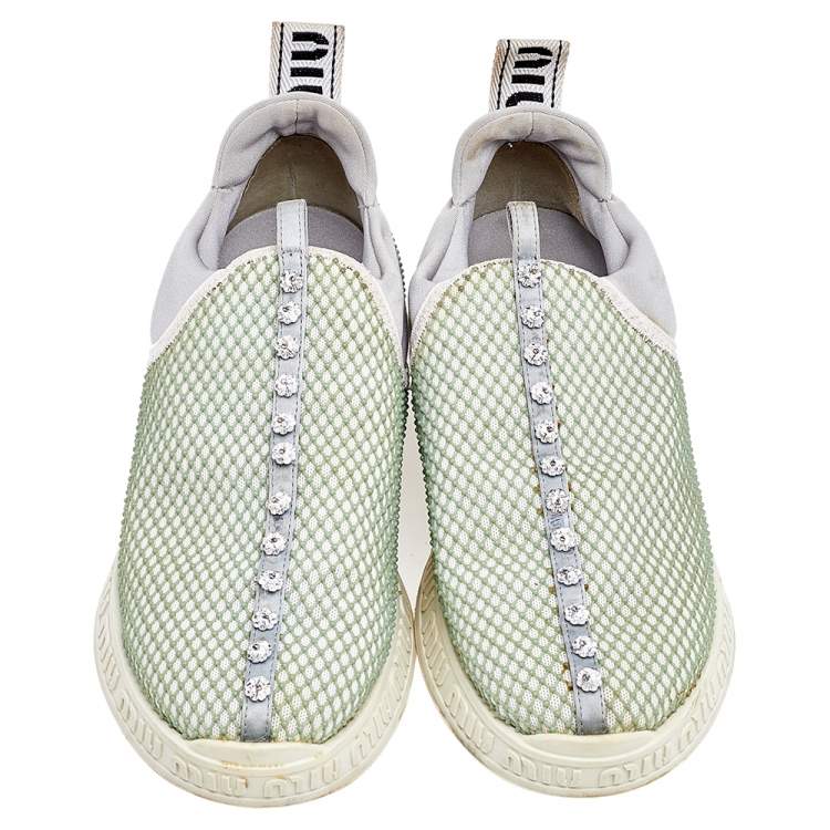 Pre Owned Miu Miu Multicolor Mesh and Neoprene Crystal Embellished Slip On Sneakers Size 36.5