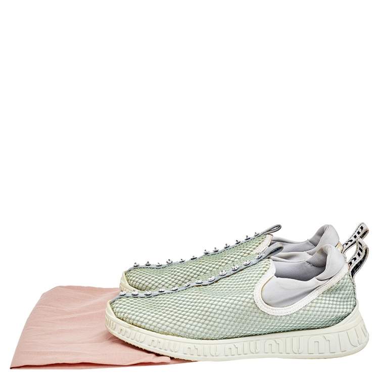 Pre Owned Miu Miu Multicolor Mesh and Neoprene Crystal Embellished Slip On Sneakers Size 36.5
