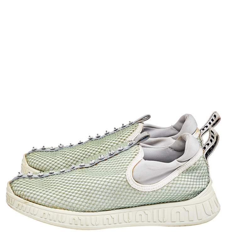 Pre Owned Miu Miu Multicolor Mesh and Neoprene Crystal Embellished Slip On Sneakers Size 36.5
