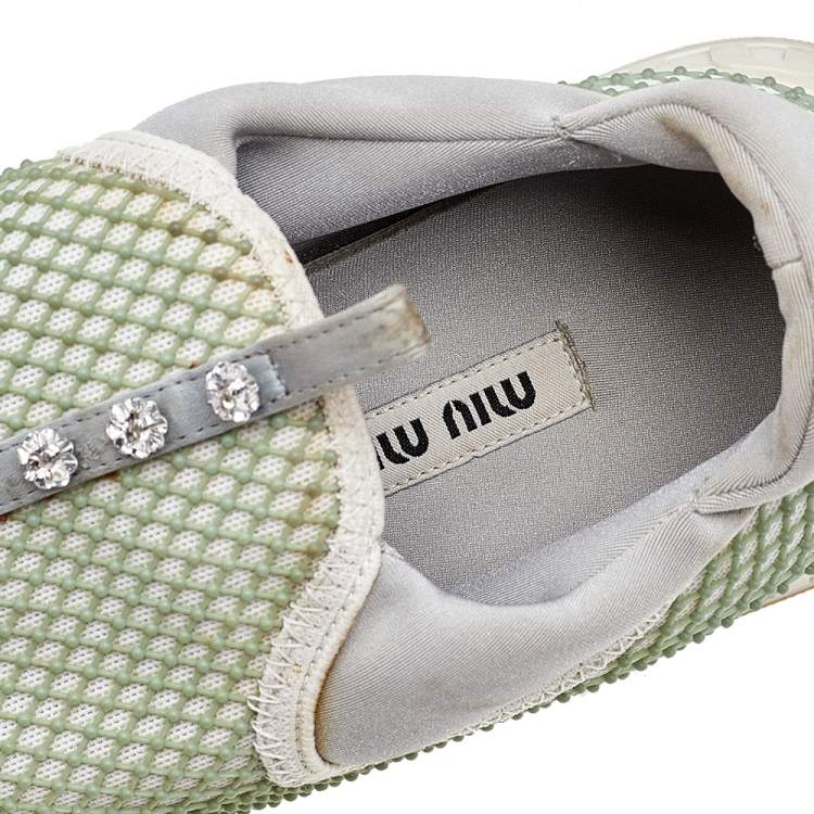 Pre Owned Miu Miu Multicolor Mesh and Neoprene Crystal Embellished Slip On Sneakers Size 36.5