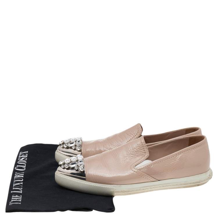 Pre Owned Miu Miu Beige Patent Leather Crystal Embellished Metal Cap Toe Slip On Sneakers Size 36.5 