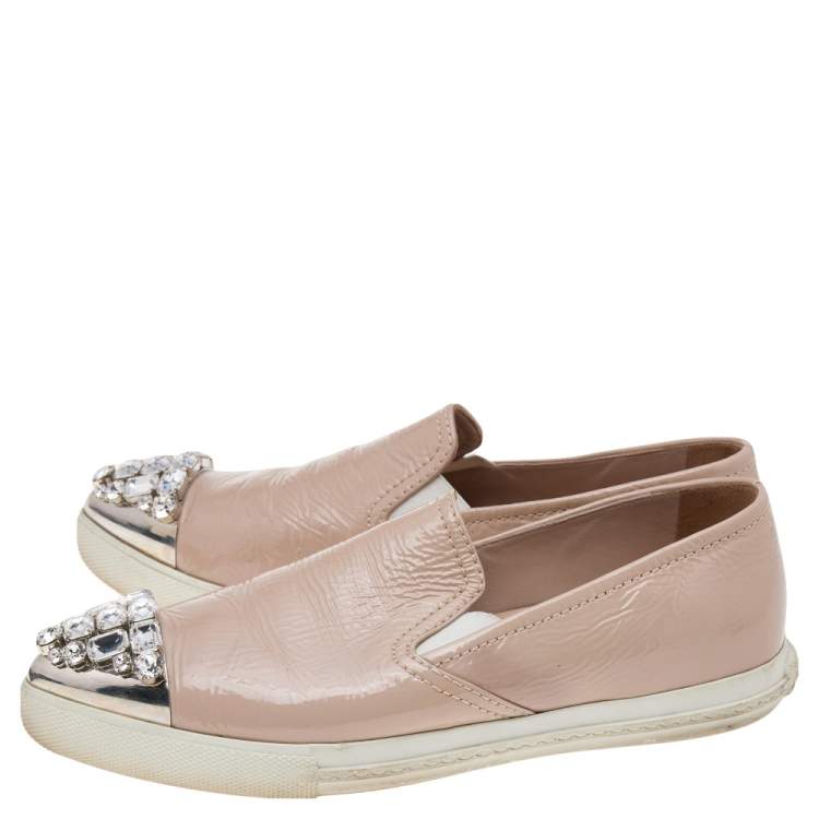 Pre Owned Miu Miu Beige Patent Leather Crystal Embellished Metal Cap Toe Slip On Sneakers Size 36.5 