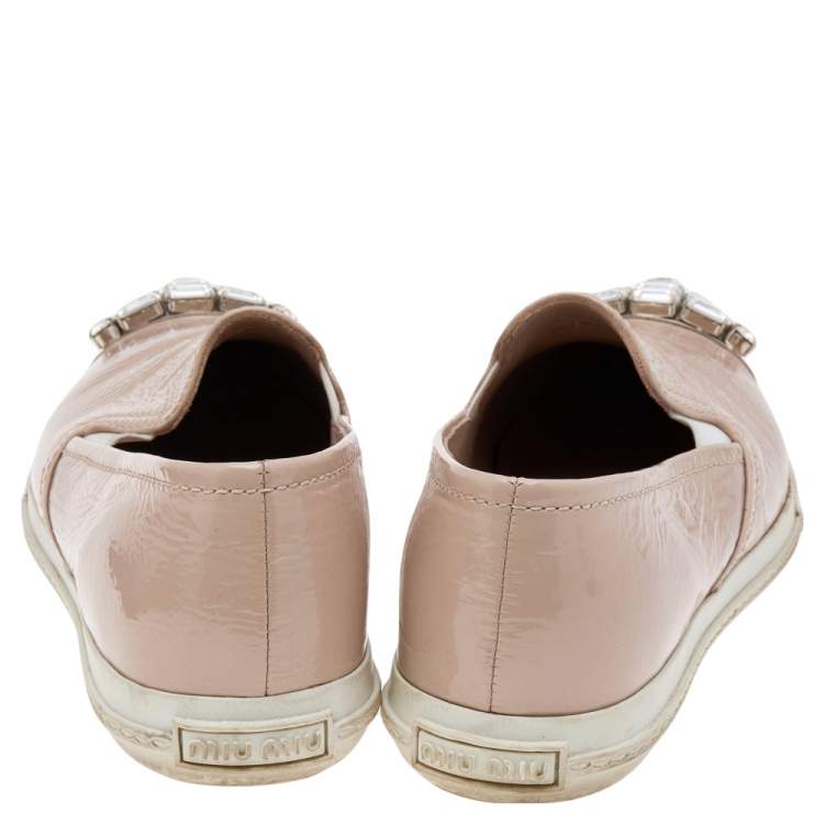Pre Owned Miu Miu Beige Patent Leather Crystal Embellished Metal Cap Toe Slip On Sneakers Size 36.5 