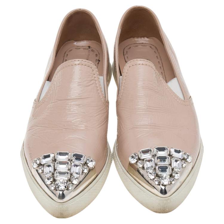Pre Owned Miu Miu Beige Patent Leather Crystal Embellished Metal Cap Toe Slip On Sneakers Size 36.5 