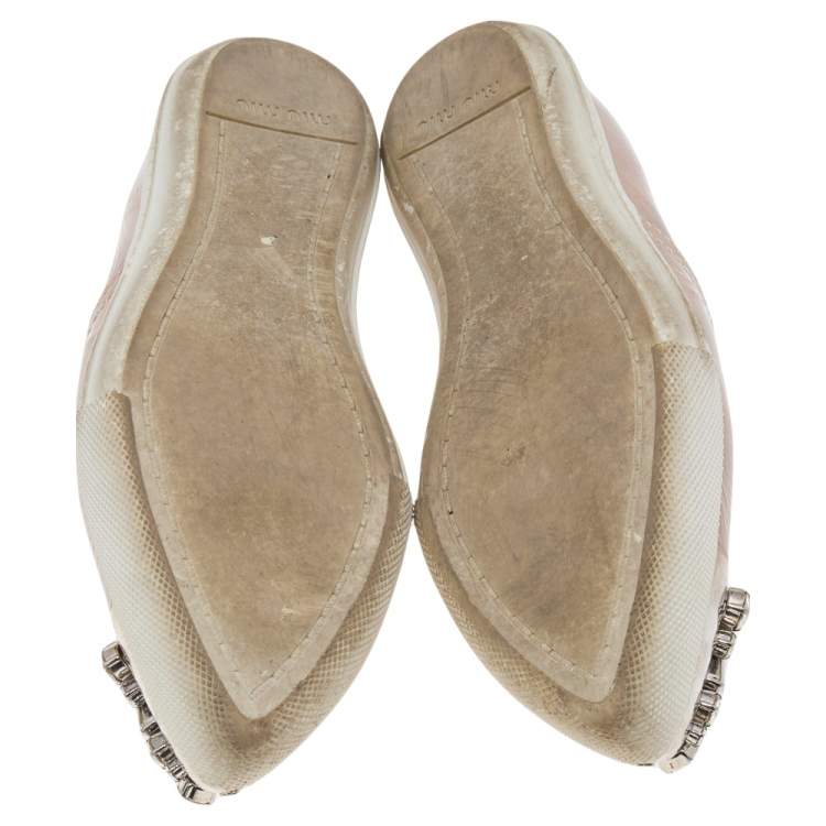 Pre Owned Miu Miu Beige Patent Leather Crystal Embellished Metal Cap Toe Slip On Sneakers Size 36.5 