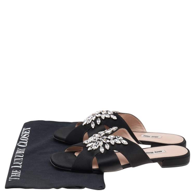 Pre Owned Miu Miu Black Satin Crystal Embellished Flat Sandals Size 39.5